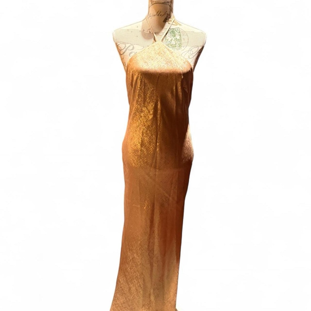 Morgan & Co. gold maxi dress with a slit and tie back detail: Size S #glamour